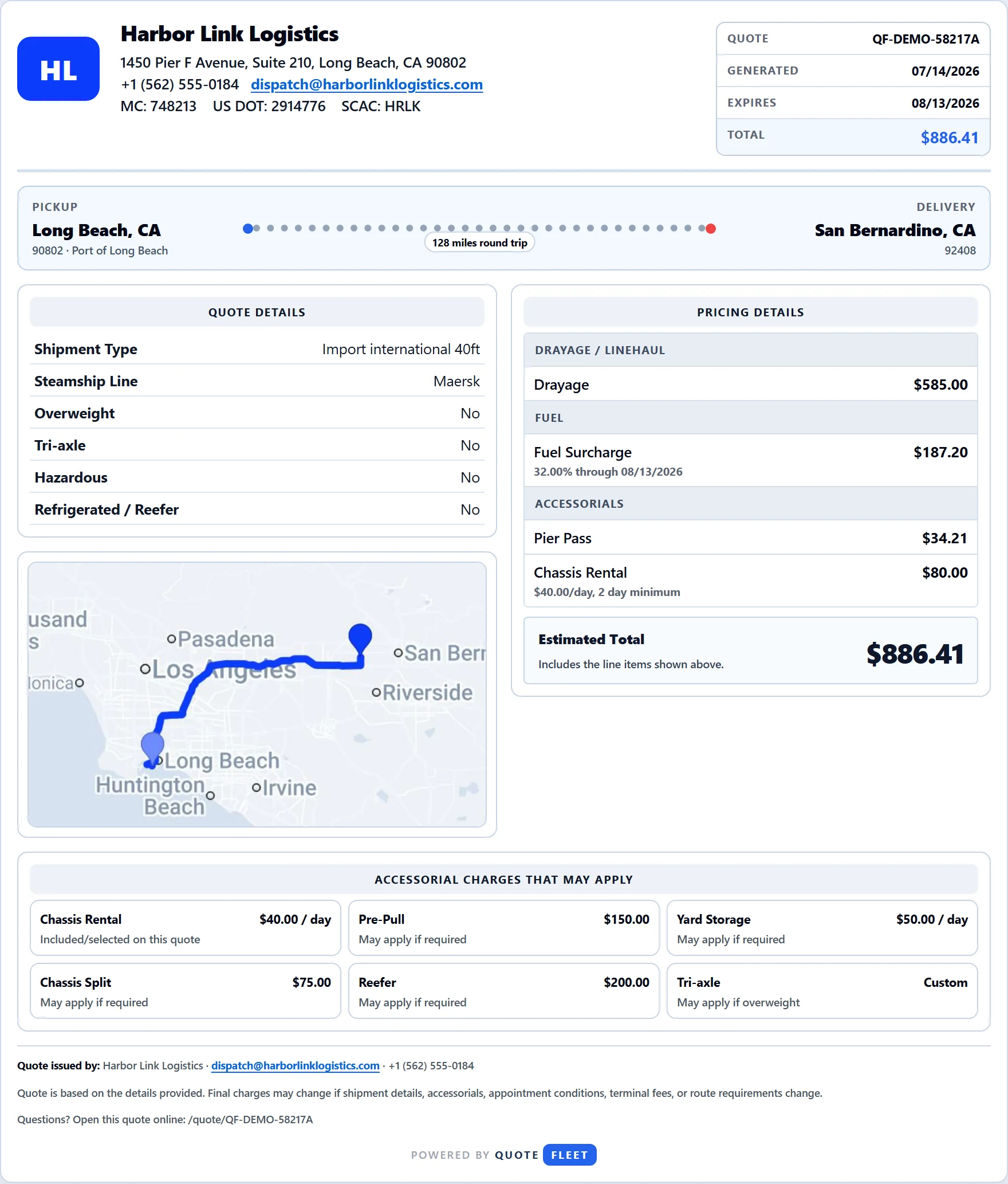 A branded carrier quote document with logo, lane, and full line-item pricing breakdown