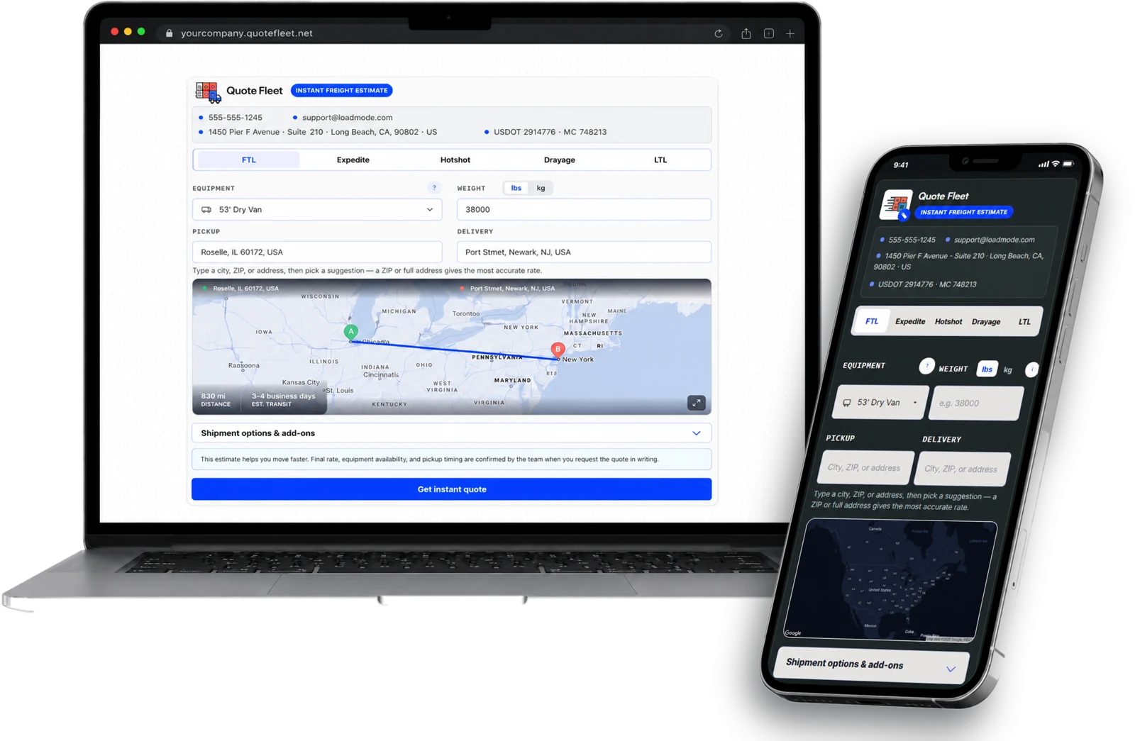 QuoteFleet freight rate calculator on a laptop and phone